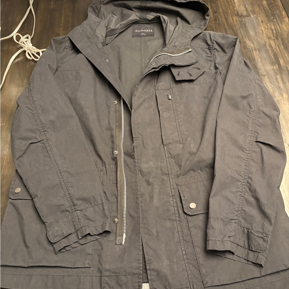 All Saints Men's Everwash Black Hooded Jacket, size Men’s Small.